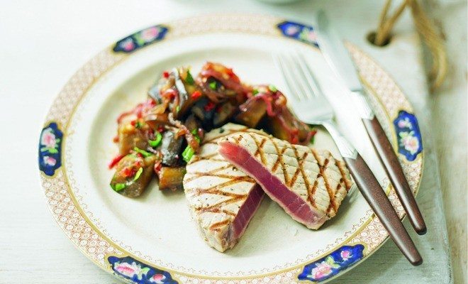 Tuna with aubergine and chilli relish recipe