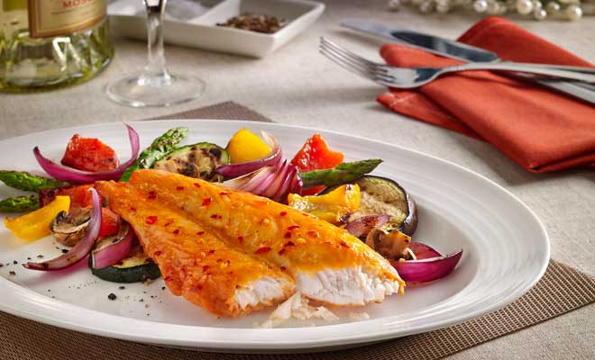 Sweet chilli marinated basa fillets with Mediterranean vegetables