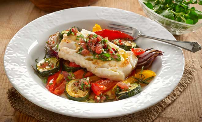 Cod fillets, roasted vegetables and sauce vierge