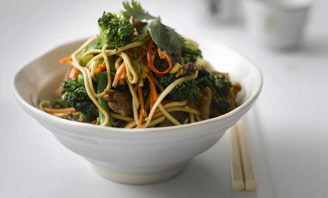 Broccoli gingered noodles with crispy duck