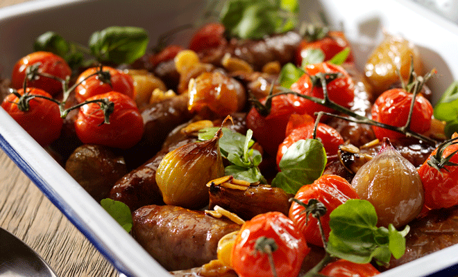 Honey glazed shallots and sausages recipe