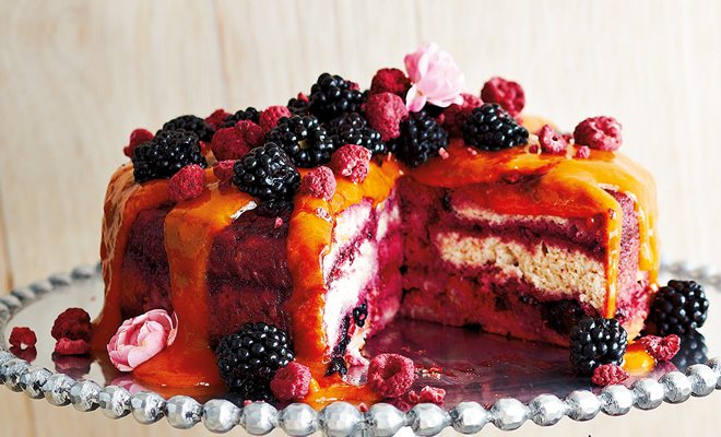 Swiss berry quilt cake with caramelised peach coulis and lemon verbena sabayon
