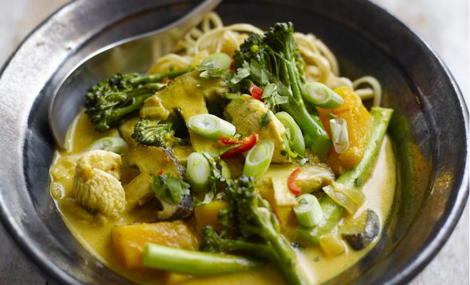Thai-style chicken, shitake and Tenderstem with noodles and coconut broth