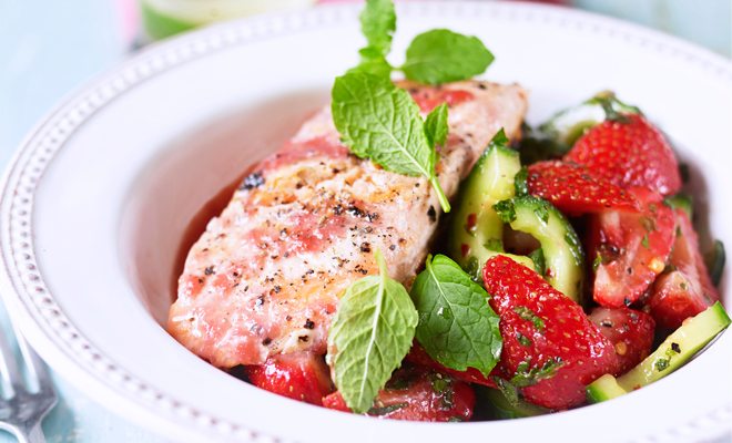Griddled salmon with pomegranate and strawberry dressing