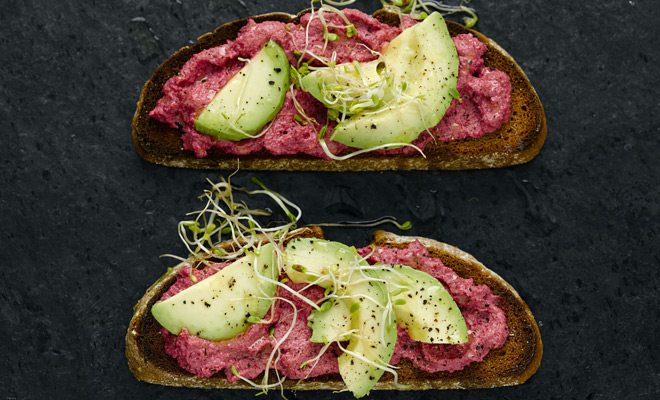 Tofoo and beetroot pâté on rye with avocado