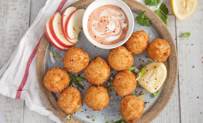 Manchego, parmesan and Pink Lady apple croqueta with smoked paprika dip