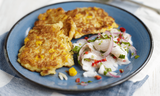 Corn and rice pancakes with seabass ceviche