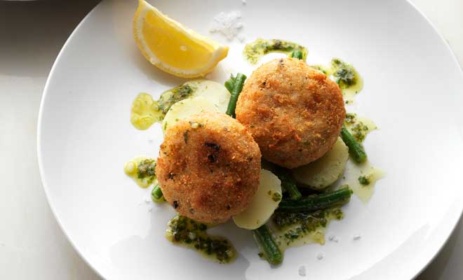 Salt cod risotto cakes with lemon and olives