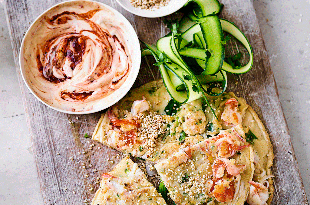 Korean prawn & salad onion pancakes